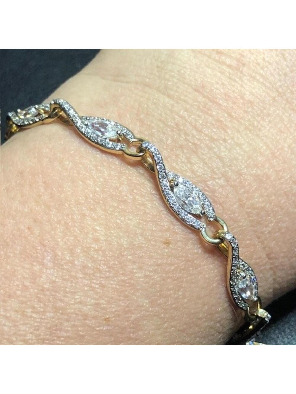 B1912 PAJ Marquise Link Bracelet Vermeil gold over Sterling Silver CZ Pave 7.5"